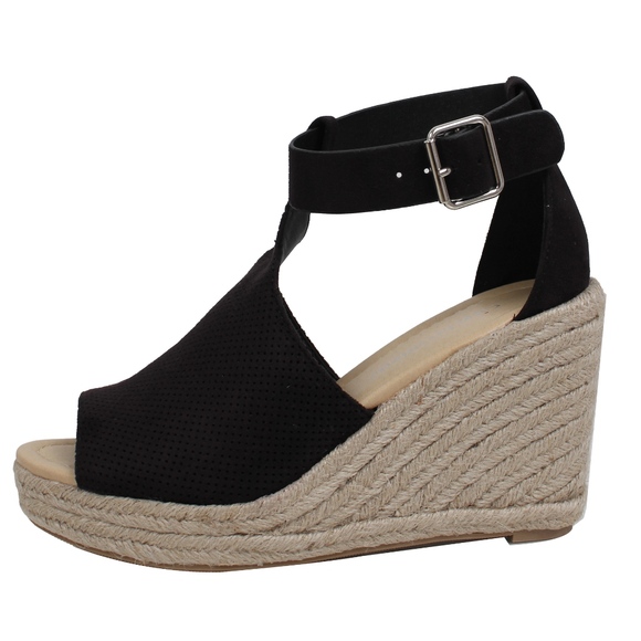 Shoes - Black Perforated Ankle Strap Espadrille Wedge